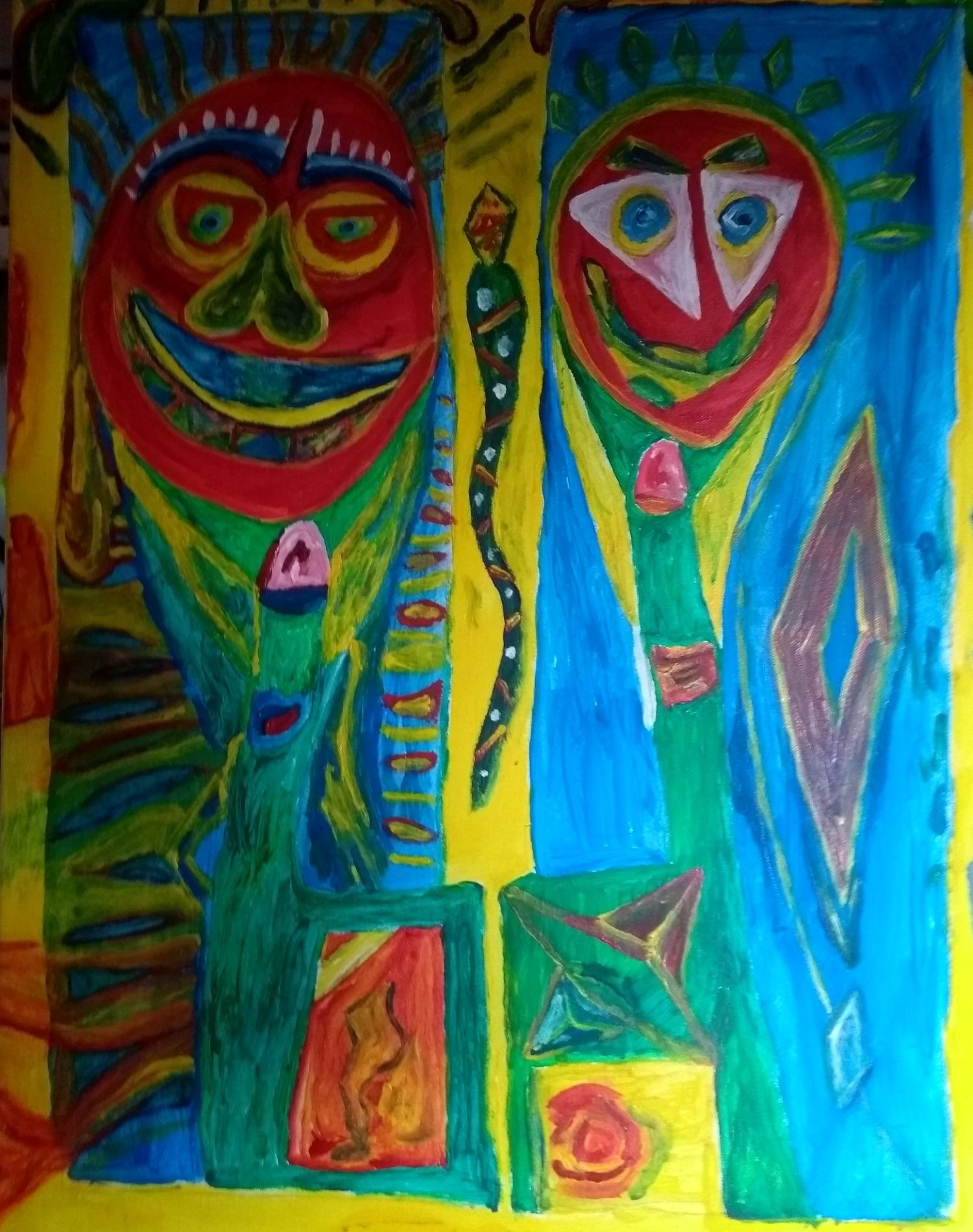 Gemälde von Ralf Bätz, zwei stilisierte rote Gesichter/Masken vor gelb-blauem Hintergrund mit Schlangen- und Rautenmotiven