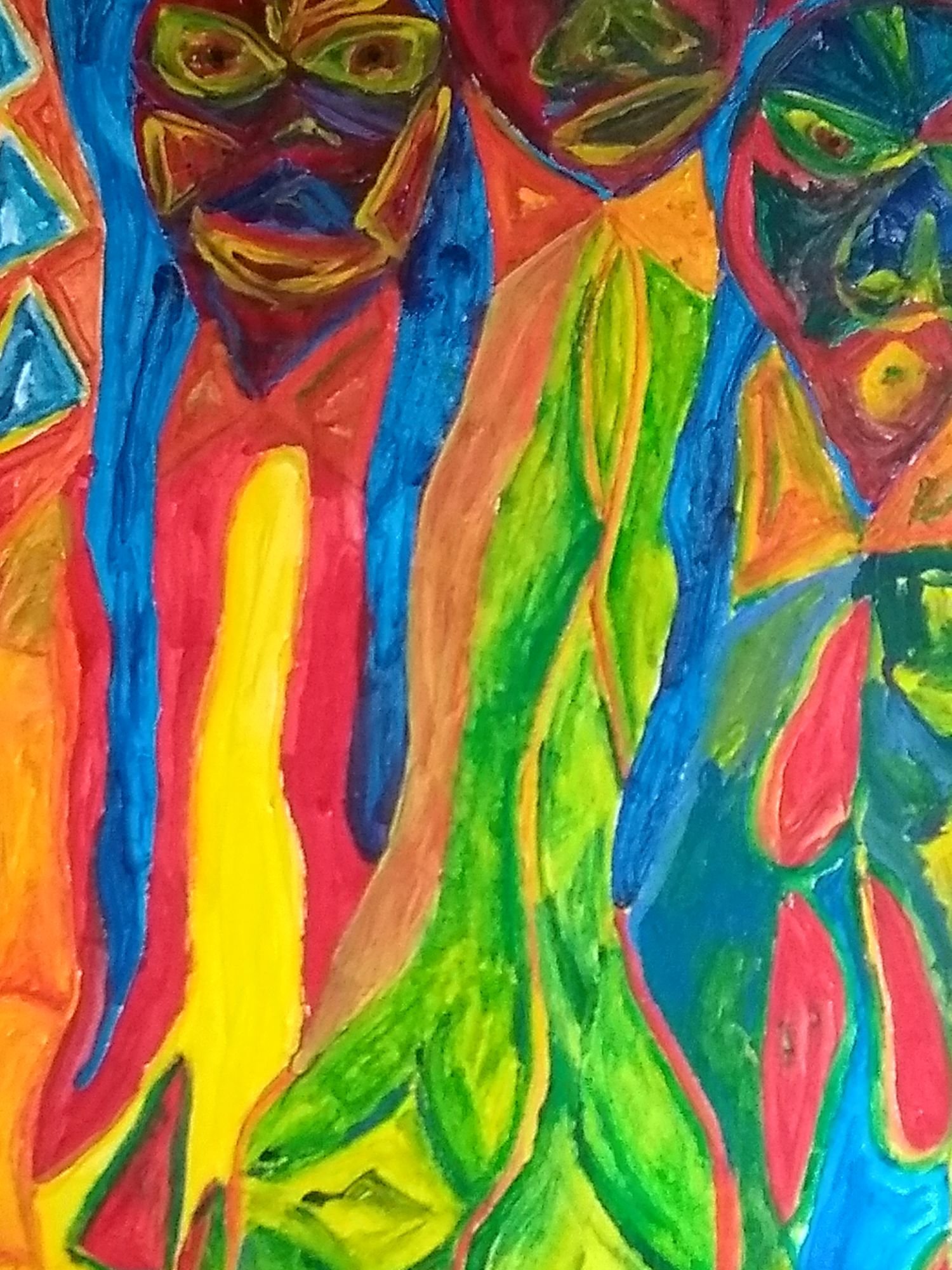 Gemälde von Ralf Bätz, mehrere maskenartige Gesichter in Rot, Grün und Blau, stark texturierte Malweise