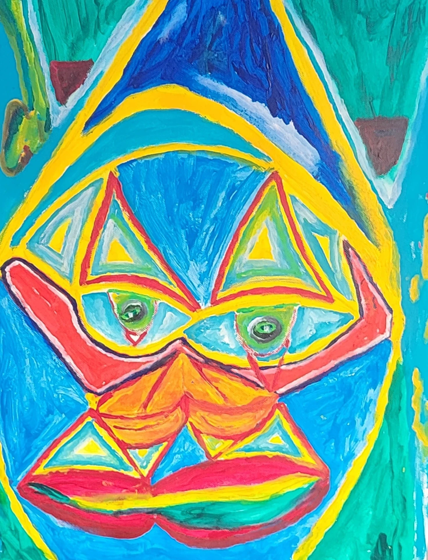 Gemälde von Ralf Bätz, symmetrisches Gesicht mit grünen Augen und geometrischen Dreiecksformen in Gelb, Rot und Blau vor türkisem Hintergrund